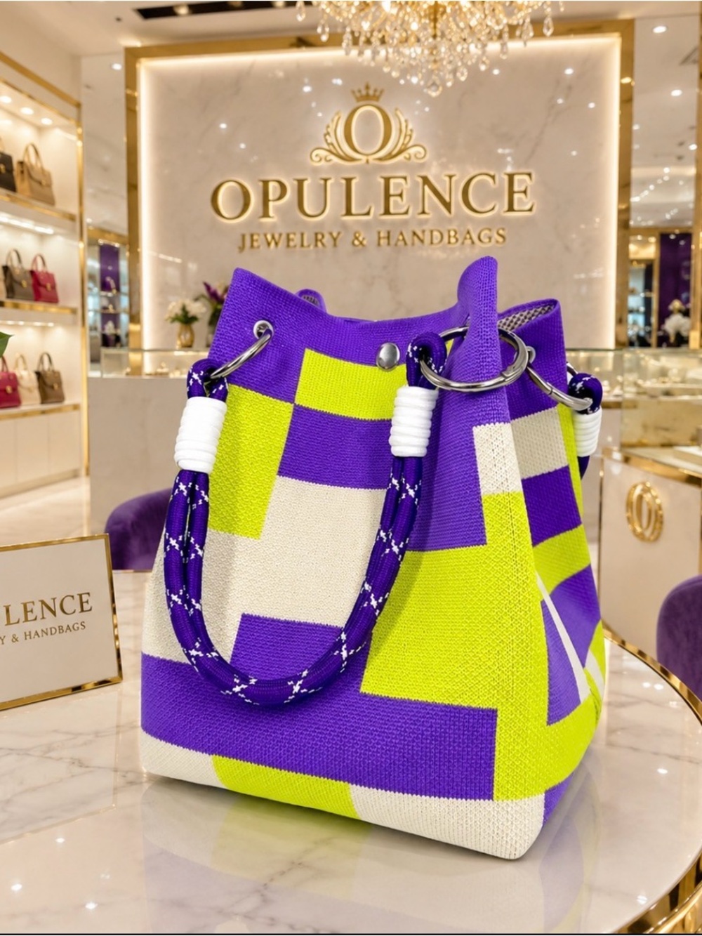 Purple & Lime Geometric Canvas Bucket Bag